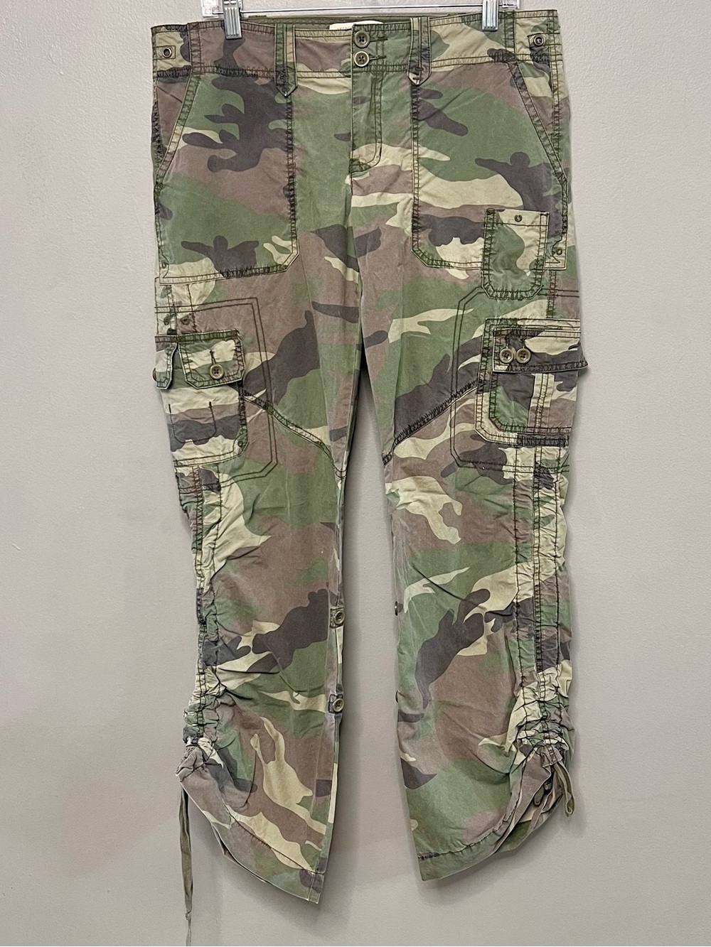 VTG Abercrombie & Fitch Y2K Camo Cargo Pants W/ Cinch Tie Ruched Hem Large